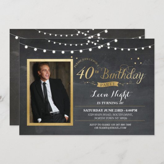 40e verjaardag Foto Chalk Rustic Gold Invitation Kaart (Voorkant / Achterkant)