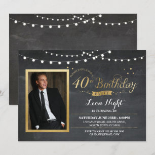 40e verjaardag Foto Chalk Rustic Gold Invitation Kaart