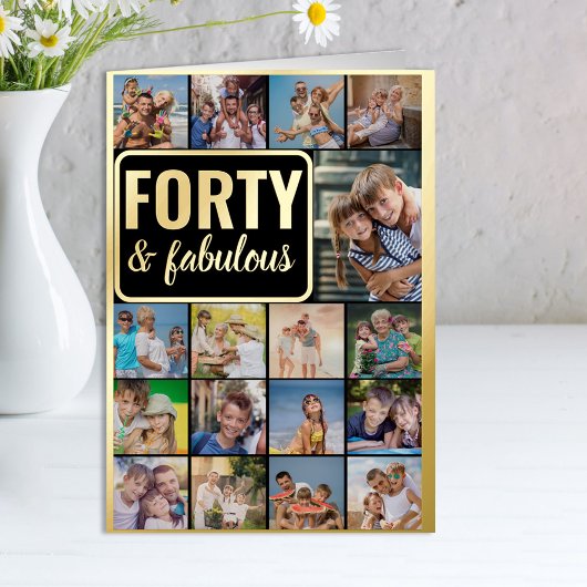 40e verjaardag Foto Collage Black en Gold Folie Wenskaart