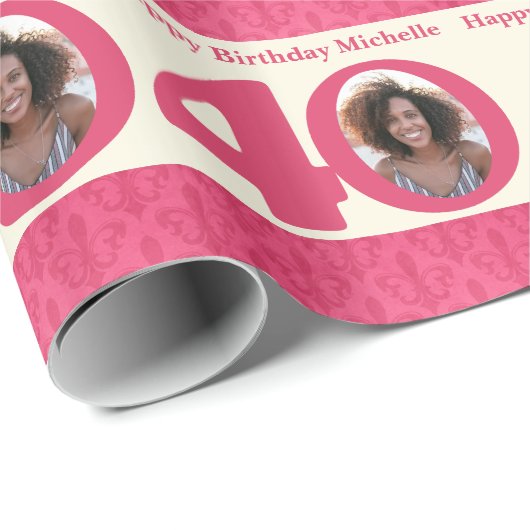 40e verjaardag foto fun crème roze wrapping cadeaupapier (Rol Hoek)