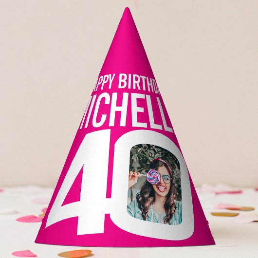40e verjaardag foto gepersonaliseerde wit roze feesthoedjes