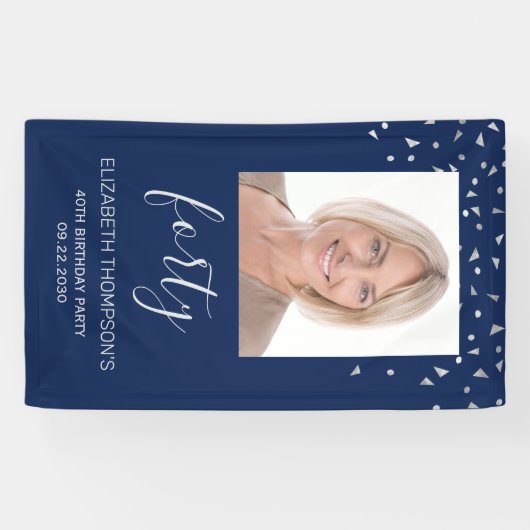 40e verjaardag foto Navy Blue Silver Confetti Spandoek (Horizontaal)