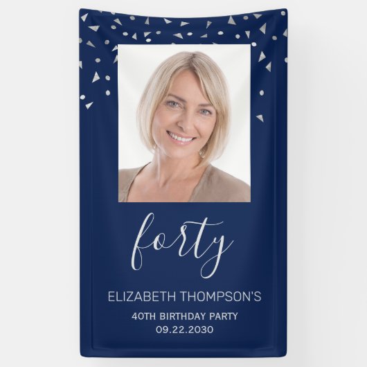 40e verjaardag foto Navy Blue Silver Confetti Spandoek (Verticaal)