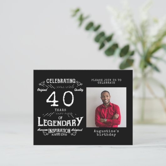 40e verjaardag Foto van Black  Birthday Invites Briefkaart (Staand voorkant)