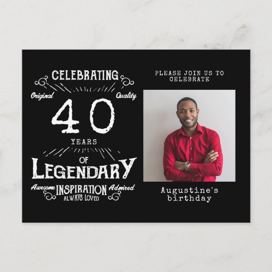 40e verjaardag Foto van Black  Birthday Invites Briefkaart (Voorkant)