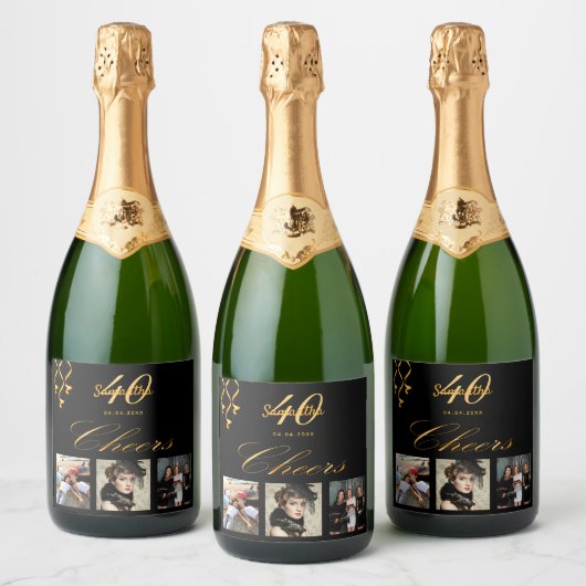 40e verjaardag foto zwart goud juichen script sparkling wijnetiket (Flessen)