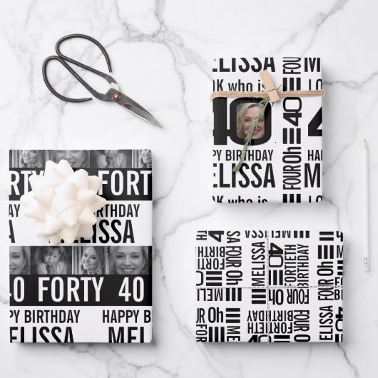 40e verjaardag foto's zwart-wit inpakpapier vel (Voorkant)