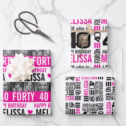 40e verjaardag foto's zwart-wit roze inpakpapier vel (Voorkant)