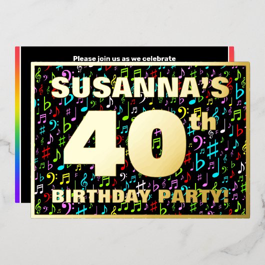 40e verjaardag — Fun, Colorful Music Symbols Folie Uitnodiging (Voorkant / Achterkant)