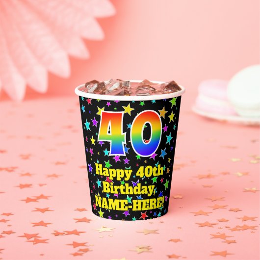 40e verjaardag: Fun Stars Pattern en Rainbow 40 Papieren Bekers (Insitu)
