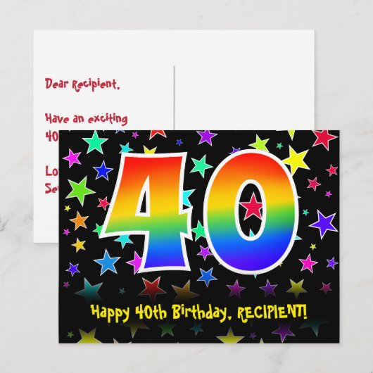 40e verjaardag: Fun Stars Pattern, Rainbow 40, Naa Briefkaart (Voorkant / Achterkant)