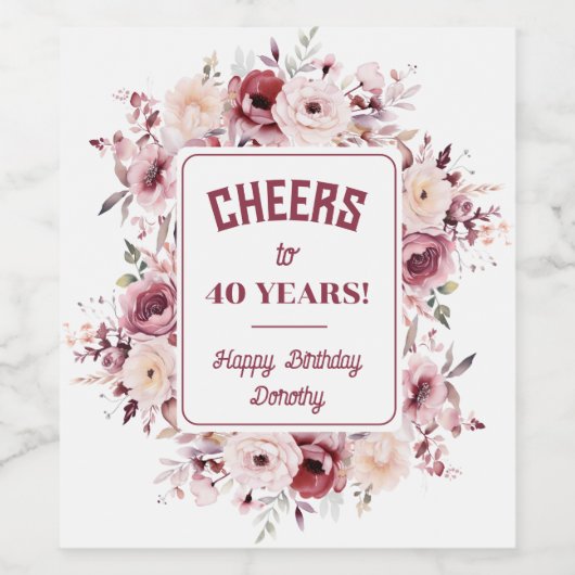 40e verjaardag gepersonaliseerde bordeaux roze blo wijn etiket (Enkel label)