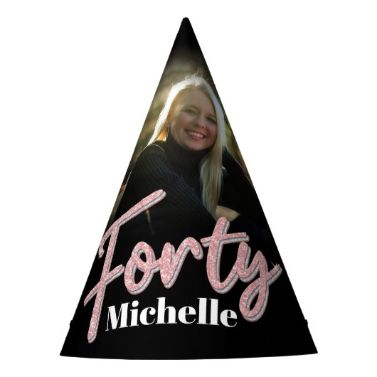 40e verjaardag gepersonaliseerde foto glitter roze feesthoedjes (Voorkant)