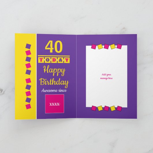 40e verjaardag geweldige sinds paarse roze foto's kaart (Binnen)