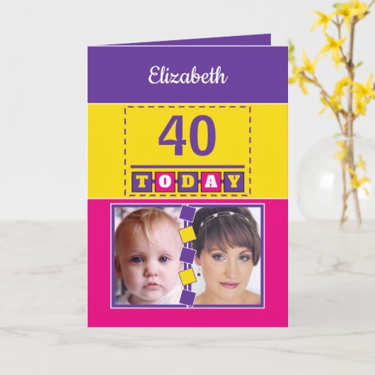 40e verjaardag geweldige sinds paarse roze foto's kaart (Gele Bloem)