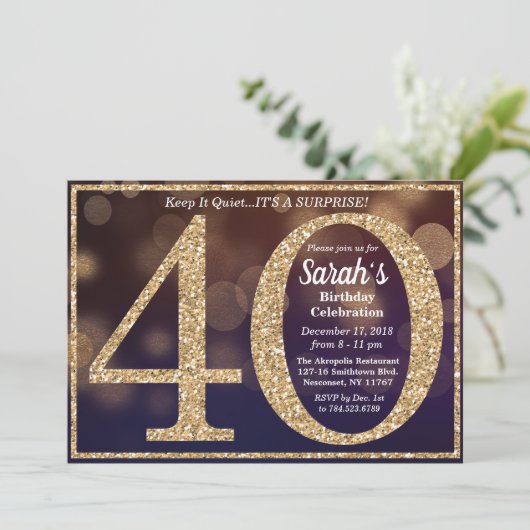 40e verjaardag glitter mijlpaal uitnodiging (Staand voorkant)