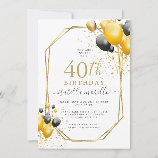 40e verjaardag Gold Black Balloons Glitter Kaart (Voorkant)