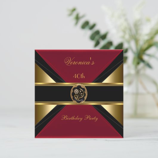 40e verjaardag Gold Black Faux Velvet Red Jewel Kaart (Staand voorkant)