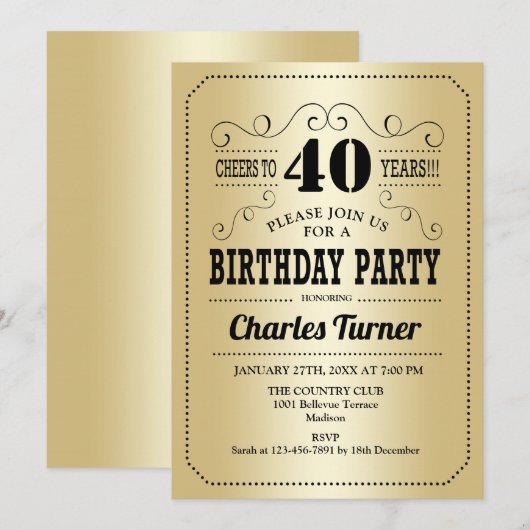 40e verjaardag - Gold Black Kaart (Voorkant / Achterkant)