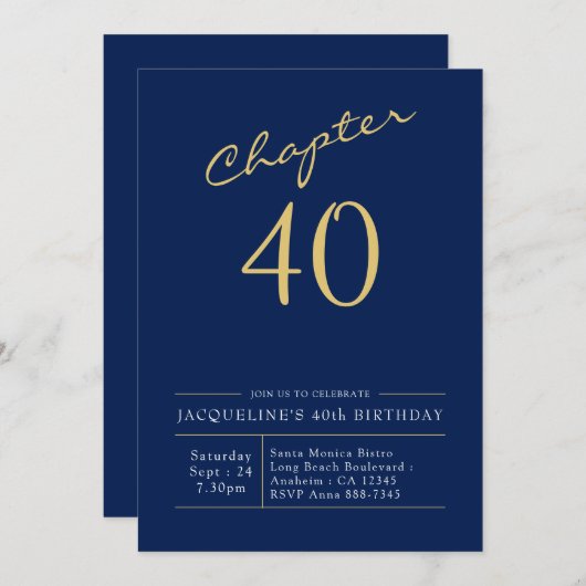 40e verjaardag Gold modern script blauw Kaart (Voorkant / Achterkant)