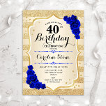 40e verjaardag - Gold Stripes Royal Blue Rozen Kaart<br><div class="desc">40e uitnodiging van de verjaardag. Elegant design in goud en koninklijk blauw. Met faux glitter Gold stripes,  sapphire rozen,  stijlvol script font en confetti. Ideaal voor een glam verjaardagsfeestje.</div>