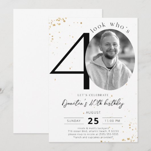 40e verjaardag Gold-uitnodiging met foto Kaart (Voorkant / Achterkant)