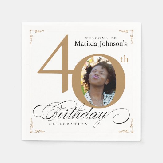 40e verjaardag Gold White Calligrafie Aangepaste f Servet (Voorkant)