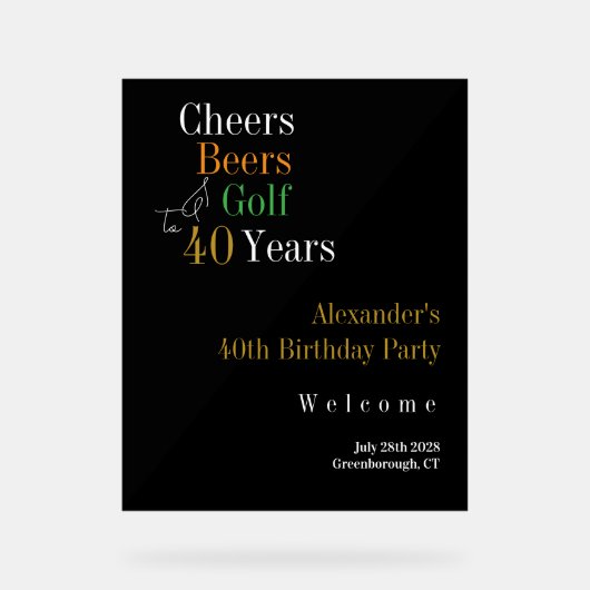 40e verjaardag Golf Cheers Beers Party Welkom Acryl Bord (Voorkant)