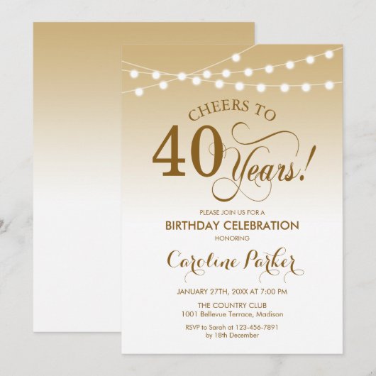 40e verjaardag - Goud Wit Kaart (Voorkant / Achterkant)