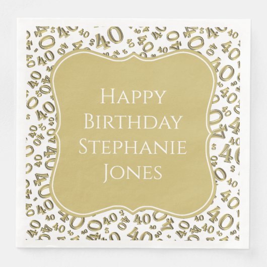 40e Verjaardag Goud/Witte Beugel Getal Patroon Servet (Voorkant)