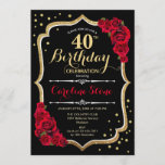 40e verjaardag - Goud Zwart Rood Rozen Kaart<br><div class="desc">Uitnodiging voor viering van de 40e verjaardag. Elegant zwart design met faux glitter goud en rode rozen. Perfect voor een elegant verjaardagsfeestje. Kan worden aangepast in elke leeftijd.</div>