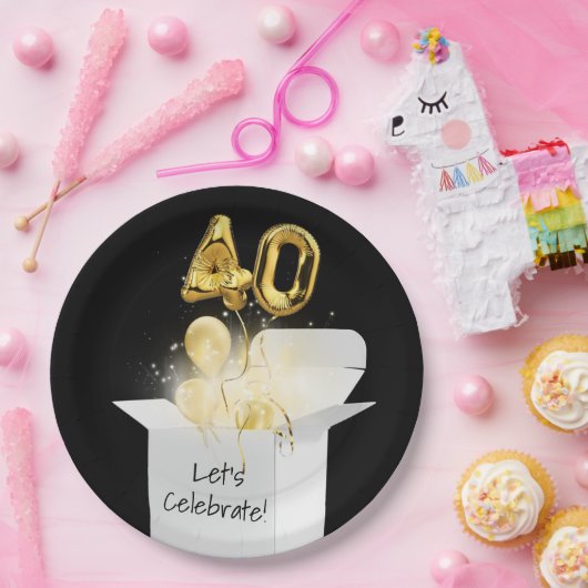40e verjaardag goudballonnen in witte doos papieren bordje (Feest)