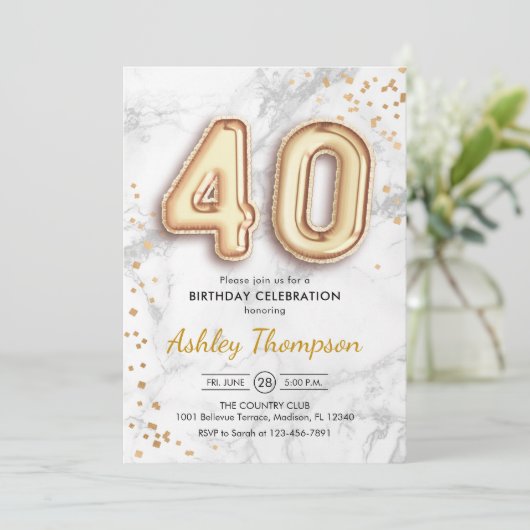 40e verjaardag - gouden ballonnen marmeren effect kaart (Staand voorkant)