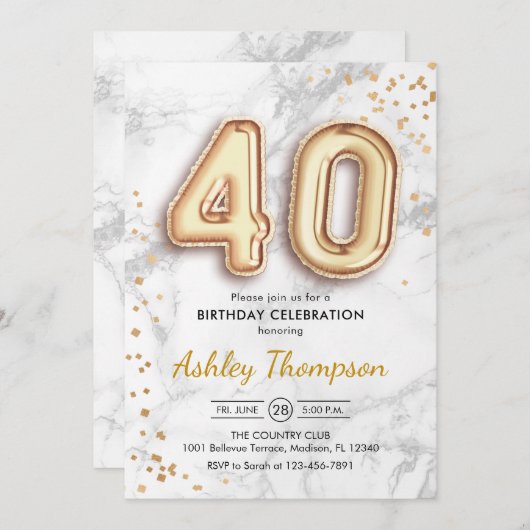 40e verjaardag - gouden ballonnen marmeren effect kaart (Voorkant / Achterkant)