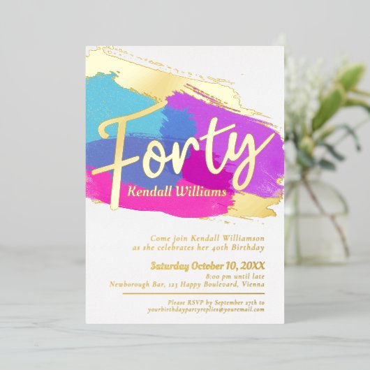 40e verjaardag gouden folie foto abstracte kunst folie uitnodiging (Staand Voorkant)