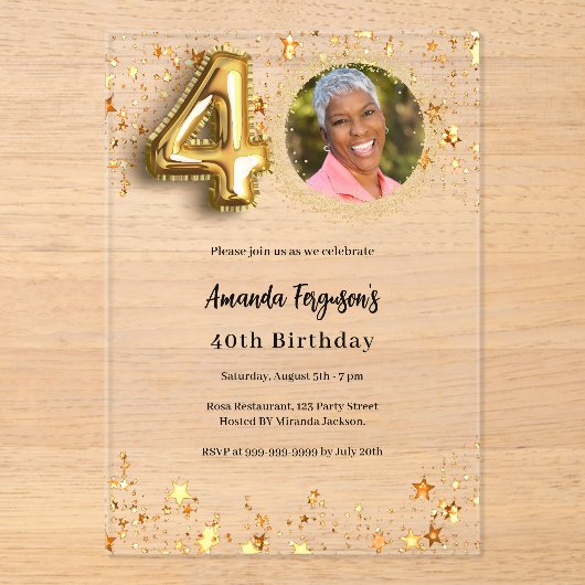 40e verjaardag gouden foto sterren Clear Acryl Uitnodigingen (Voorkant)