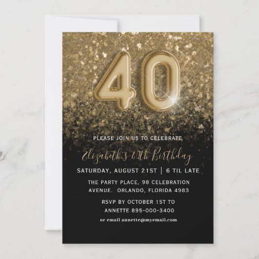 40e verjaardag Gouden Glitter & Black Party Kaart (Voorkant)