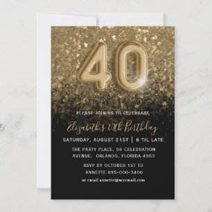 40e verjaardag Gouden Glitter & Black Party Kaart