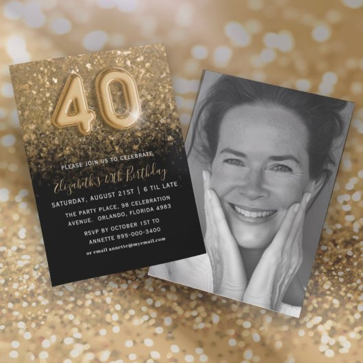 40e verjaardag Gouden Glitter & Black Party Kaart