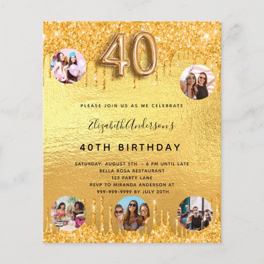40e verjaardag gouden glitter druppels foto uitnod (Voorkant)