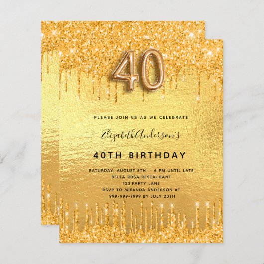 40e verjaardag gouden glitter druppels uitnodiging (Voorkant / Achterkant)
