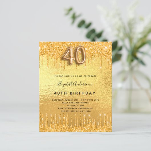 40e verjaardag gouden glitter druppels uitnodiging (Staand voorkant)