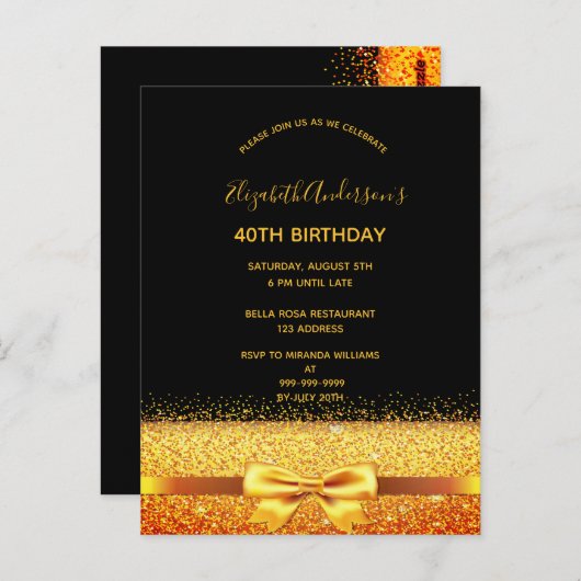 40e verjaardag gouden gouden glans uitnodiging (Voorkant / Achterkant)