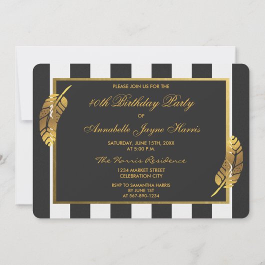 40e verjaardag gouden veren op zwarte witte strepe kaart (Achterkant)