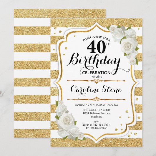 40e verjaardag - gouden witte strepen Rozen Kaart (Voorkant / Achterkant)