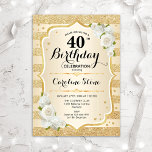 40e verjaardag - Goudstrepen witte rozen Kaart<br><div class="desc">40e uitnodiging van de verjaardag. Elegant bloemontwerp in goud en wit. Met faux glitter gouden strepen,  witte rozen,  stijlvol script font en confetti. Ideaal voor een glam verjaardagsfeestje.</div>