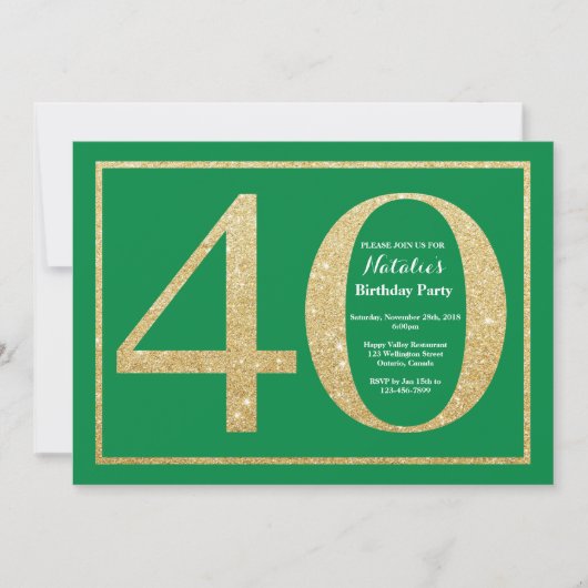 40e verjaardag groen en goud glitters kaart (Voorkant)