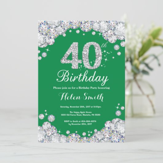 40e verjaardag Groene en Zilveren Diamant Kaart (Staand voorkant)