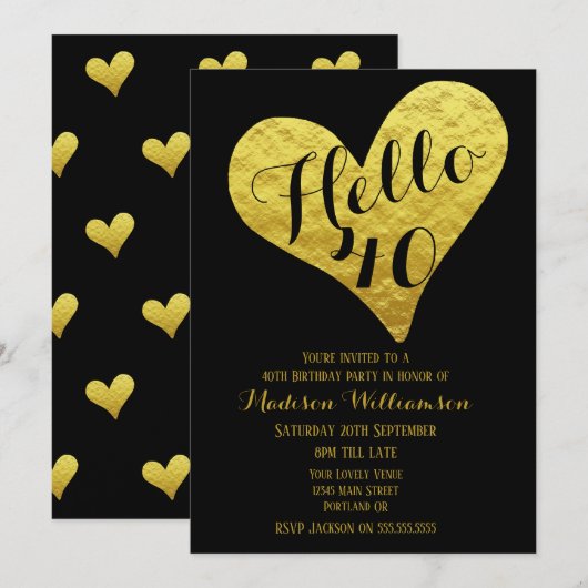 40e verjaardag Hallo 40 zwart en Faux Gold Heart Kaart (Voorkant / Achterkant)