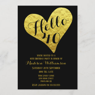 40e verjaardag Hallo 40 zwart en Faux Gold Heart Kaart
